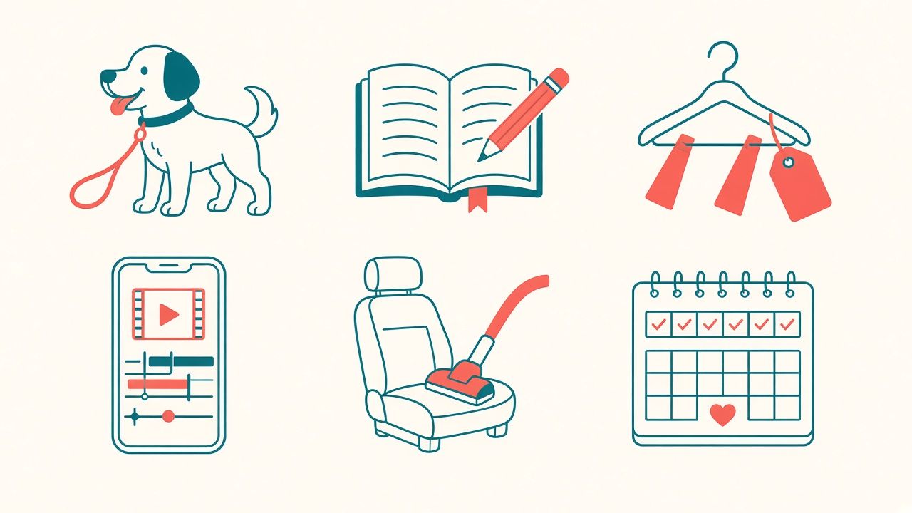 Six simple icons: a dog on a leash, an open book, a clothes hanger with tags, a phone with video editing, a car seat being vacuumed, and a calendar