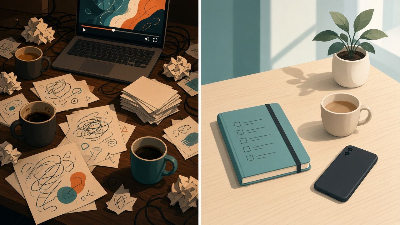 A cluttered desk covered in scribbled notes and coffee cups beside a tidy desk with one notebook and a plant