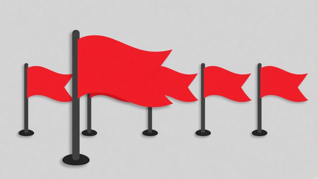 A row of red flags on black poles against a light grey background