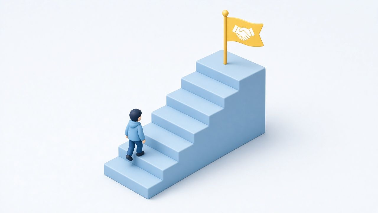 A small figure climbing a set of blue steps toward a gold flag at the top
