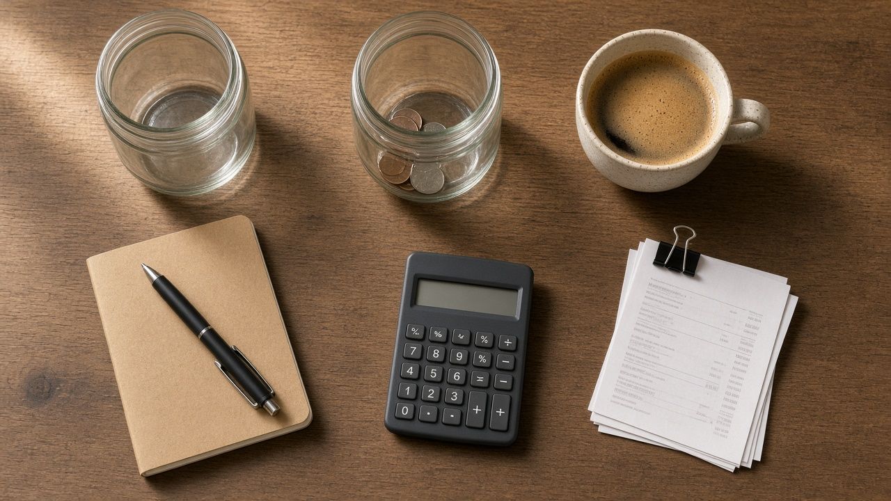 A wooden desk with a notebook, pen, calculator, papers, coffee and two glass jars